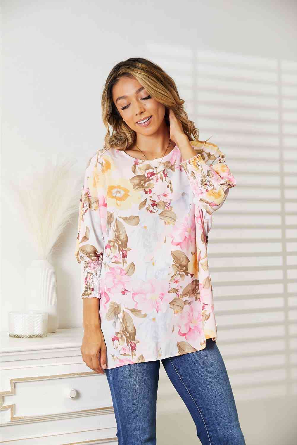 Double Take Floral Round Neck Three - Quarter Sleeve Top - Loulou Boutique