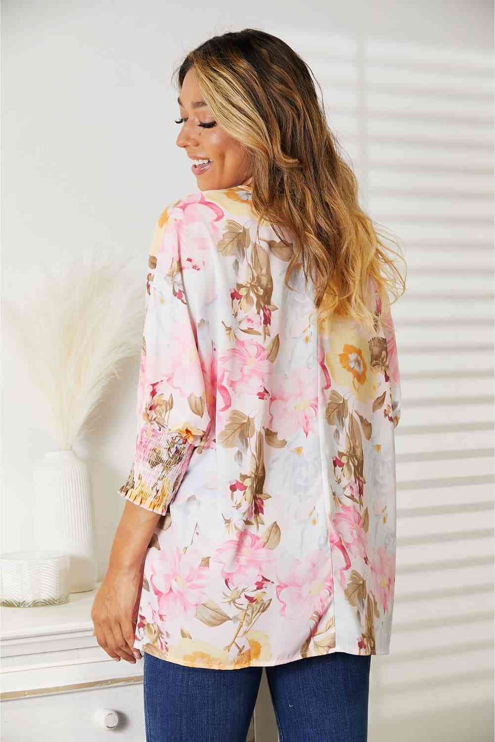 Double Take Floral Round Neck Three - Quarter Sleeve Top - Loulou Boutique