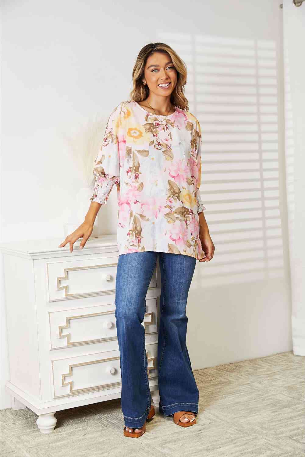 Double Take Floral Round Neck Three - Quarter Sleeve Top - Loulou Boutique