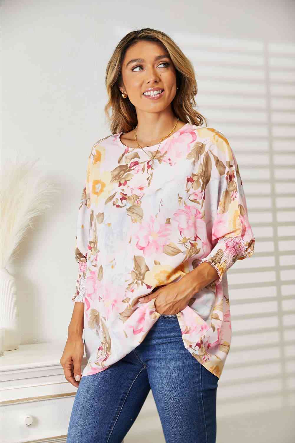 Double Take Floral Round Neck Three - Quarter Sleeve Top - Loulou Boutique