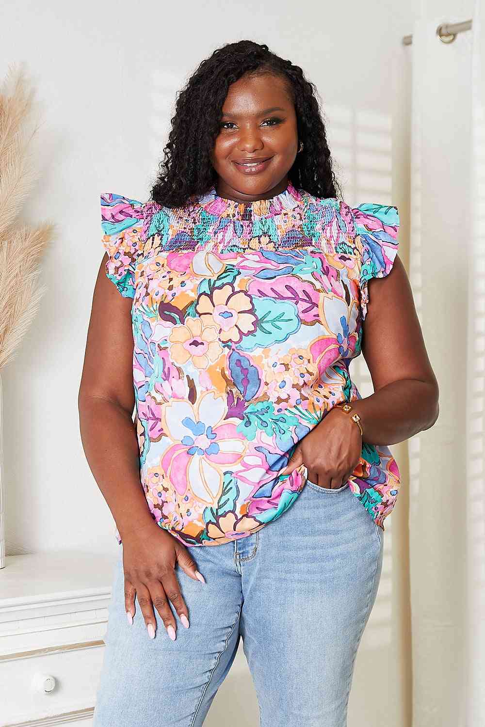 Double Take Floral Smocked Flutter Sleeve Top - Loulou Boutique