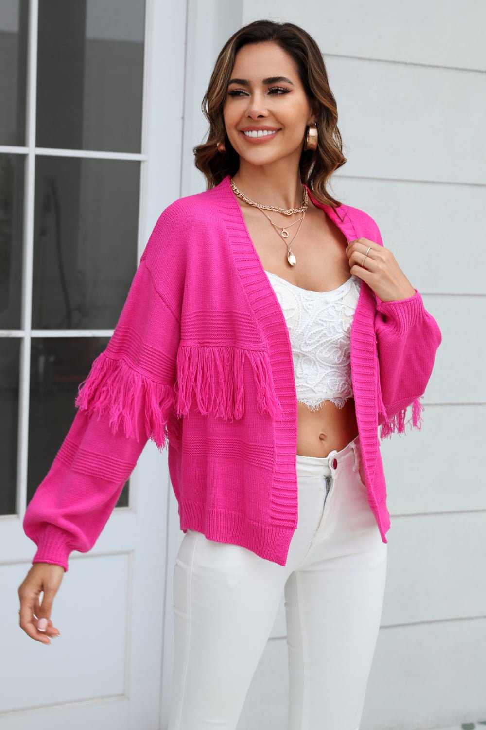 Double Take Fringe Trim Open Front Cardigan - Loulou Boutique