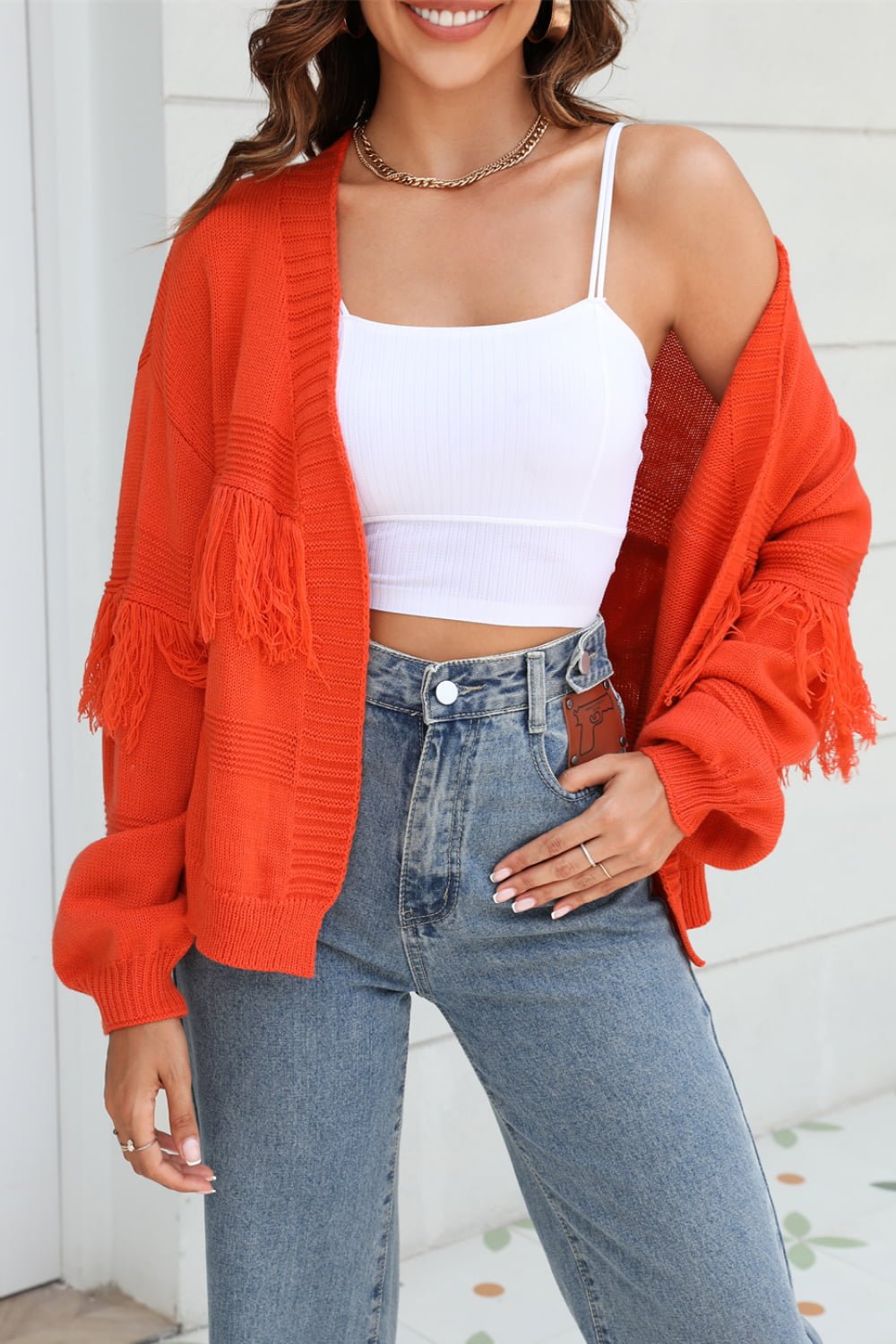 Double Take Fringe Trim Open Front Cardigan - Loulou Boutique