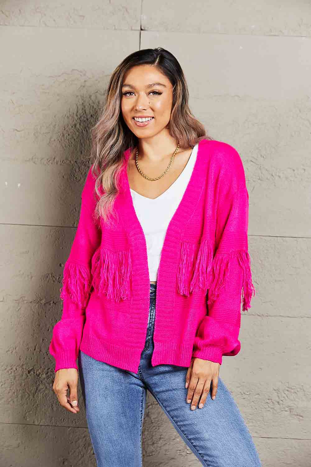 Double Take Fringe Trim Open Front Cardigan - Loulou Boutique