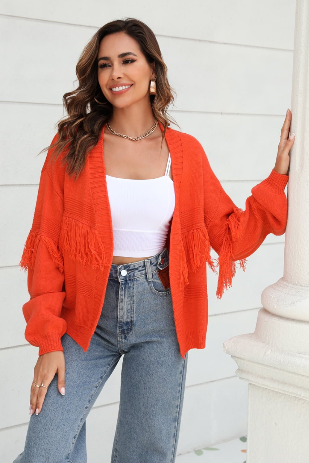 Double Take Fringe Trim Open Front Cardigan - Loulou Boutique