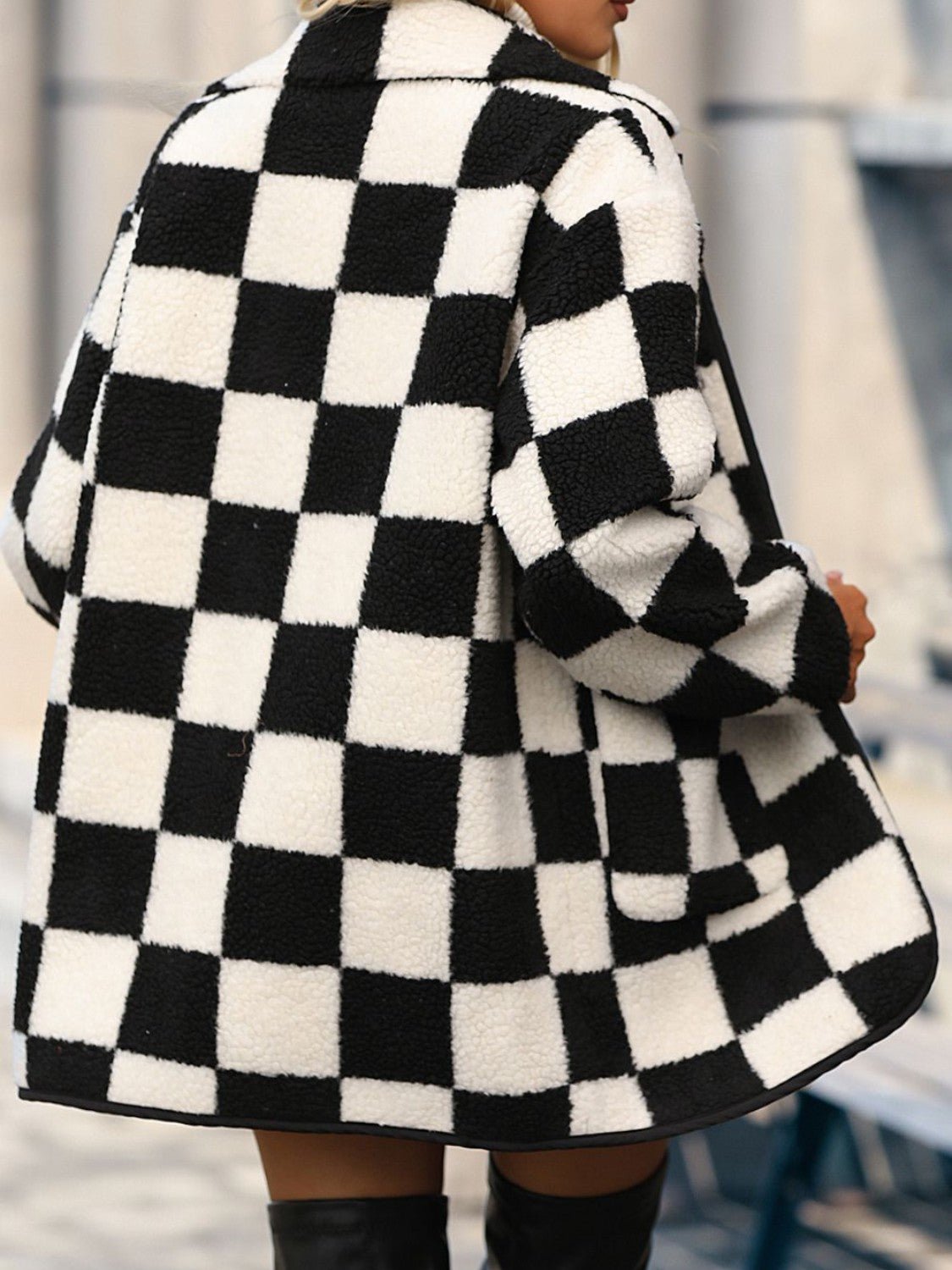 Double Take Full Size Checkered Button Front Coat with Pockets - Loulou Boutique