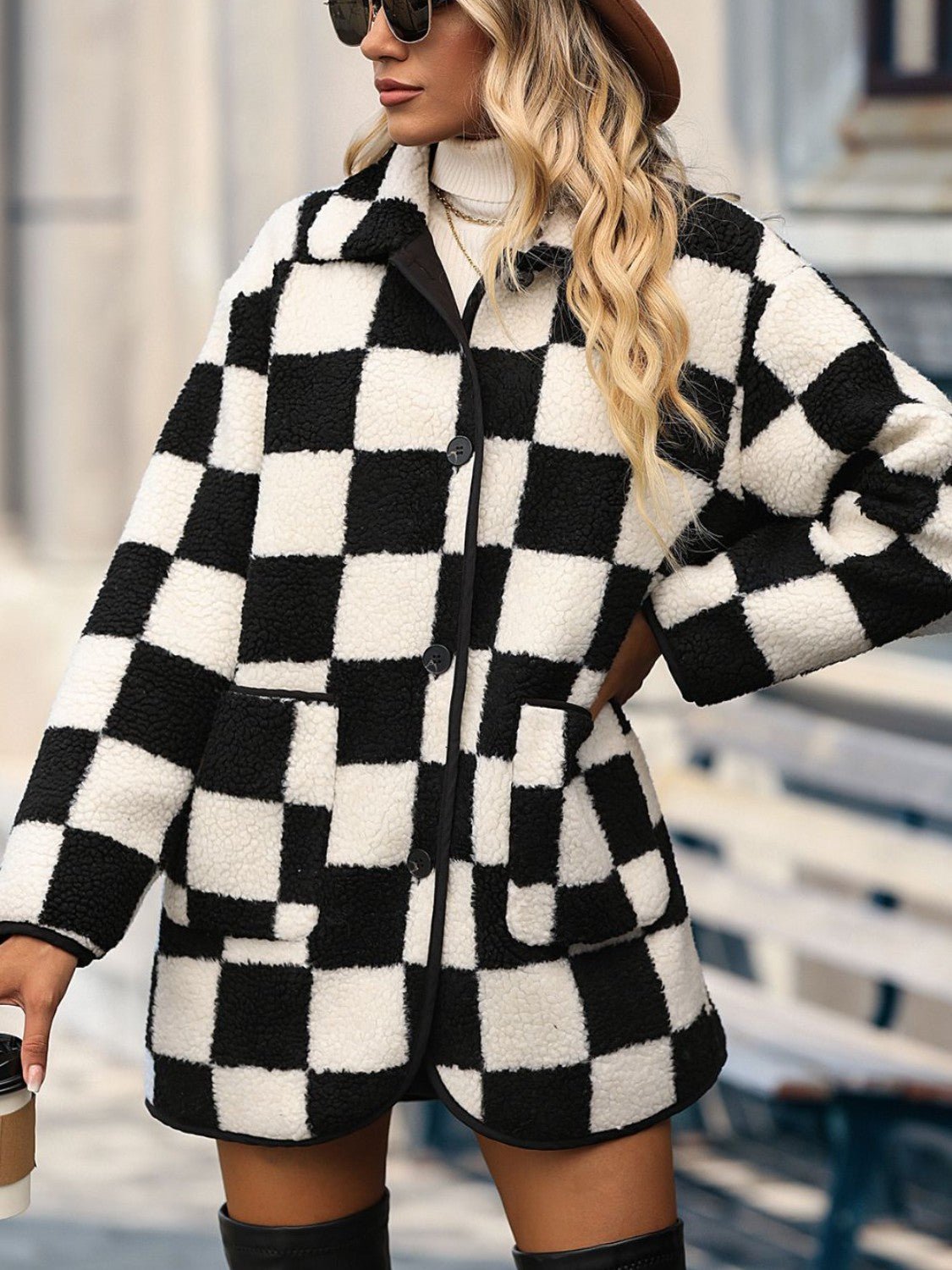 Double Take Full Size Checkered Button Front Coat with Pockets - Loulou Boutique