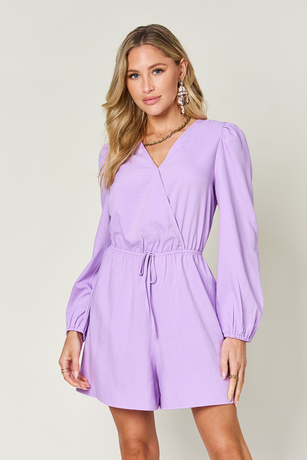 Double Take Full Size Drawstring Long Sleeve Romper - Loulou Boutique