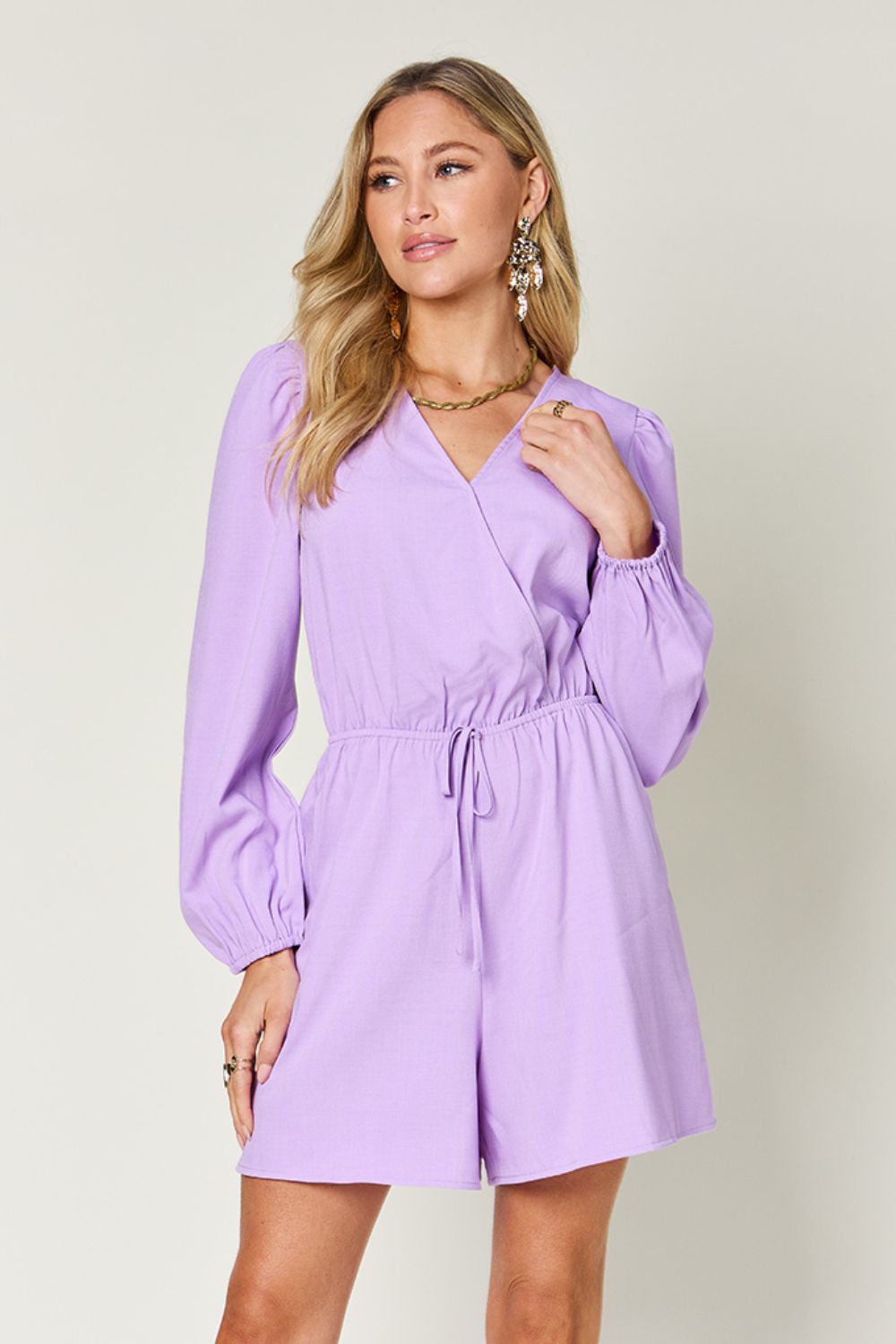 Double Take Full Size Drawstring Long Sleeve Romper - Loulou Boutique