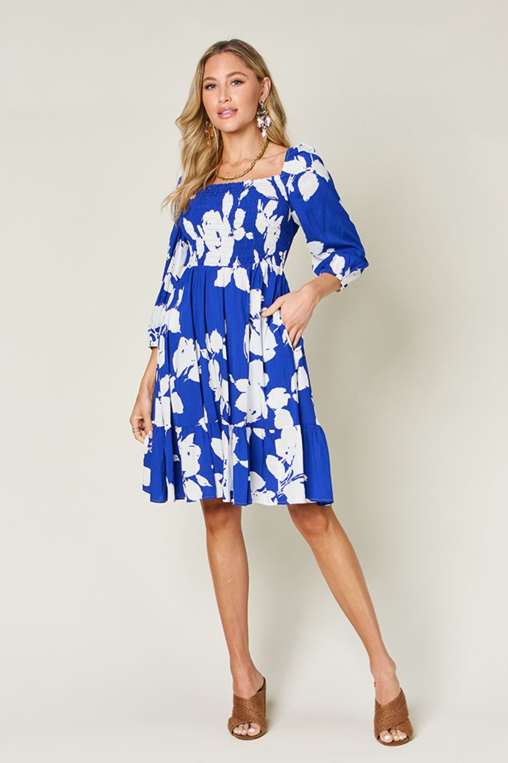 Double Take Full Size Floral Ruffle Hem Smocked Dress with Pockets - Loulou Boutique