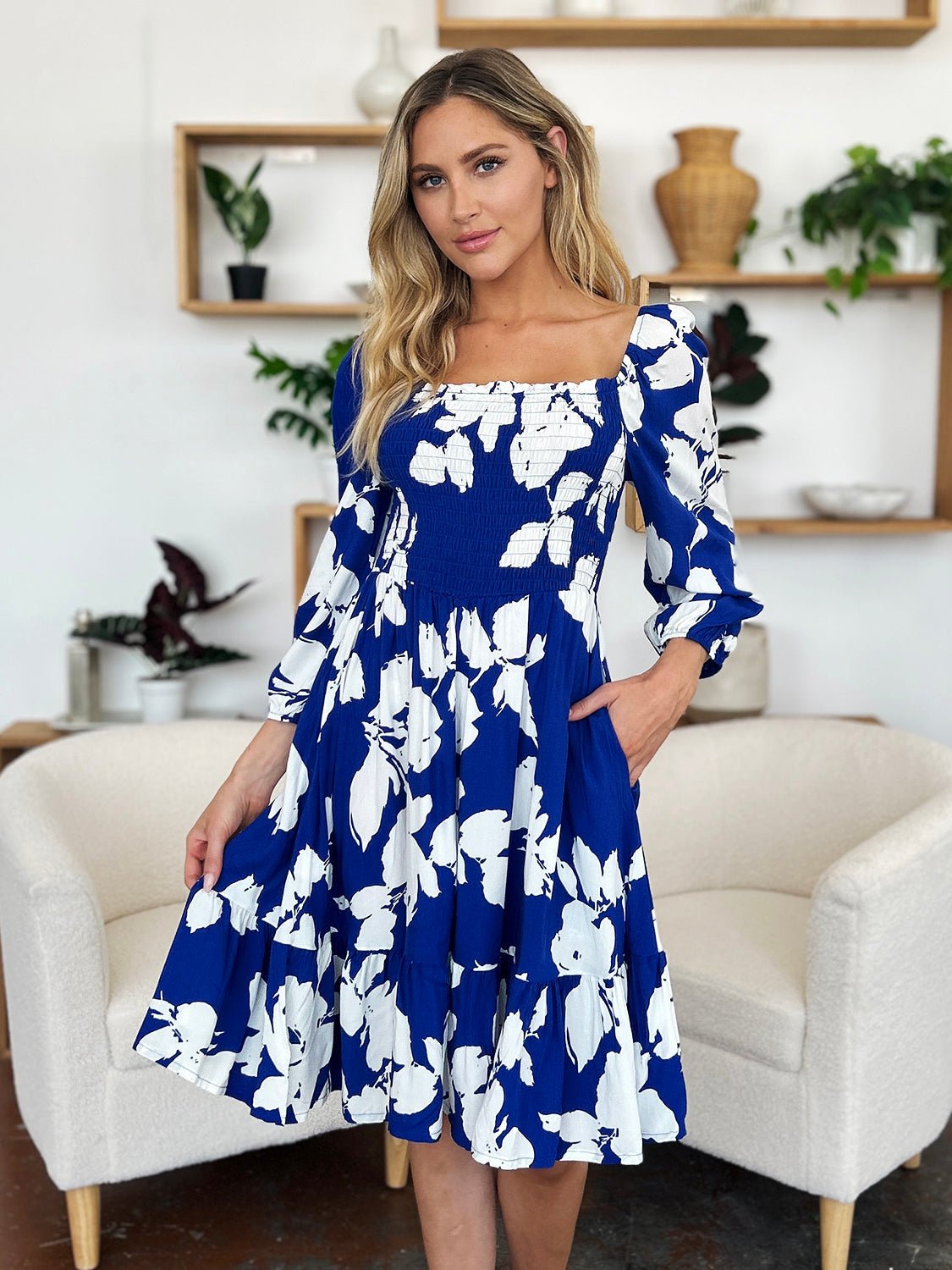 Double Take Full Size Floral Ruffle Hem Smocked Dress with Pockets - Loulou Boutique