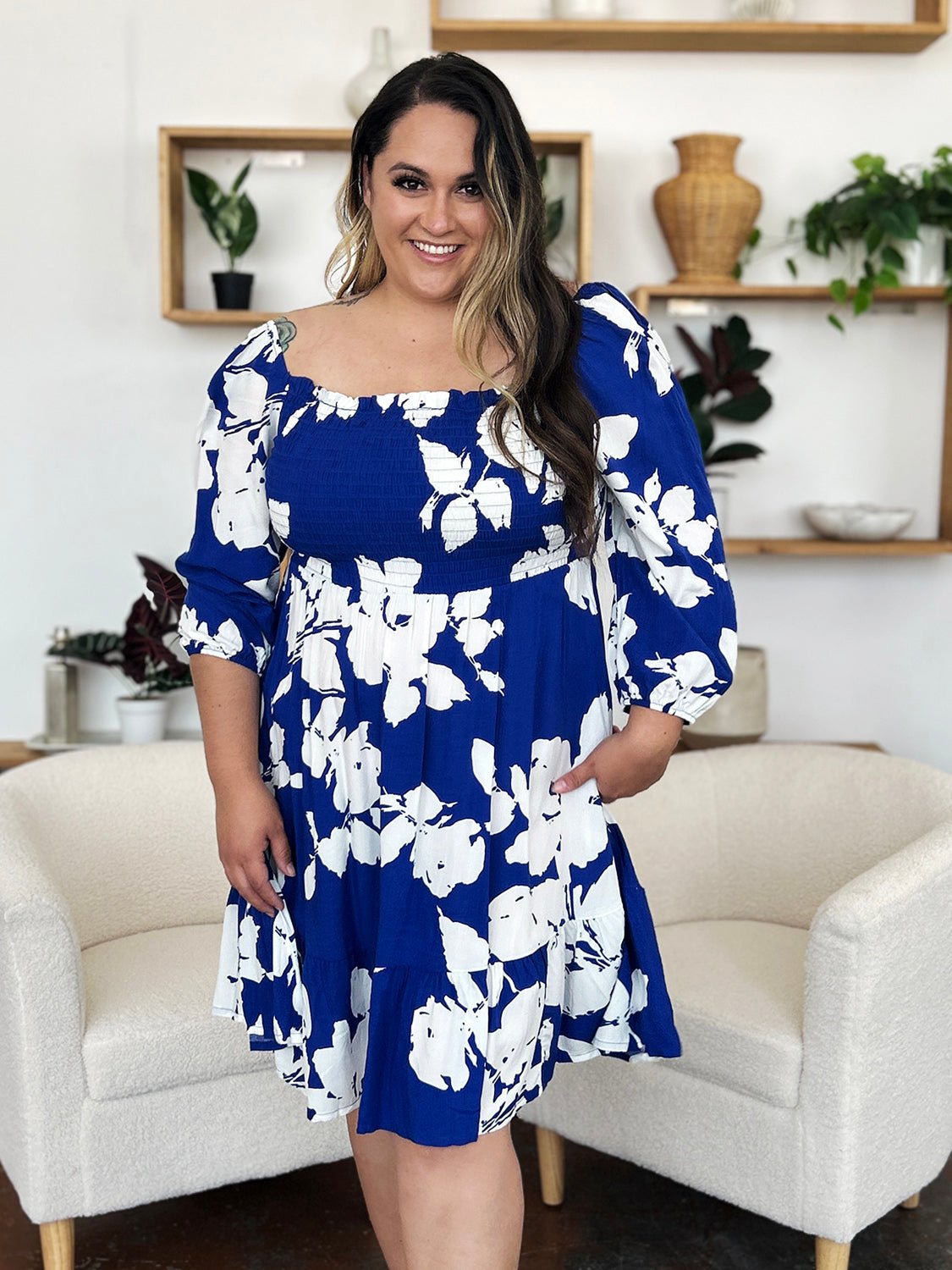 Double Take Full Size Floral Ruffle Hem Smocked Dress with Pockets - Loulou Boutique