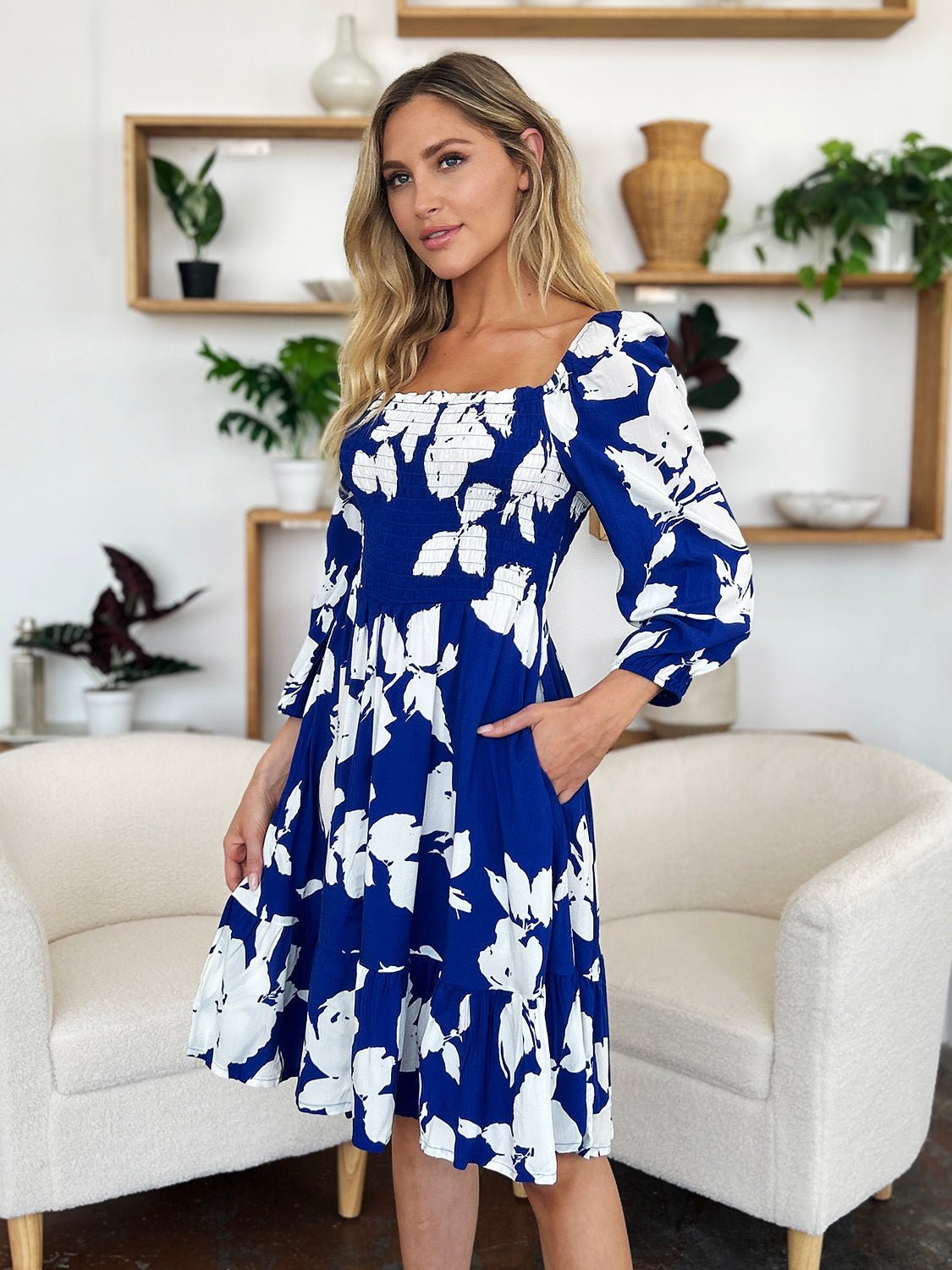 Double Take Full Size Floral Ruffle Hem Smocked Dress with Pockets - Loulou Boutique