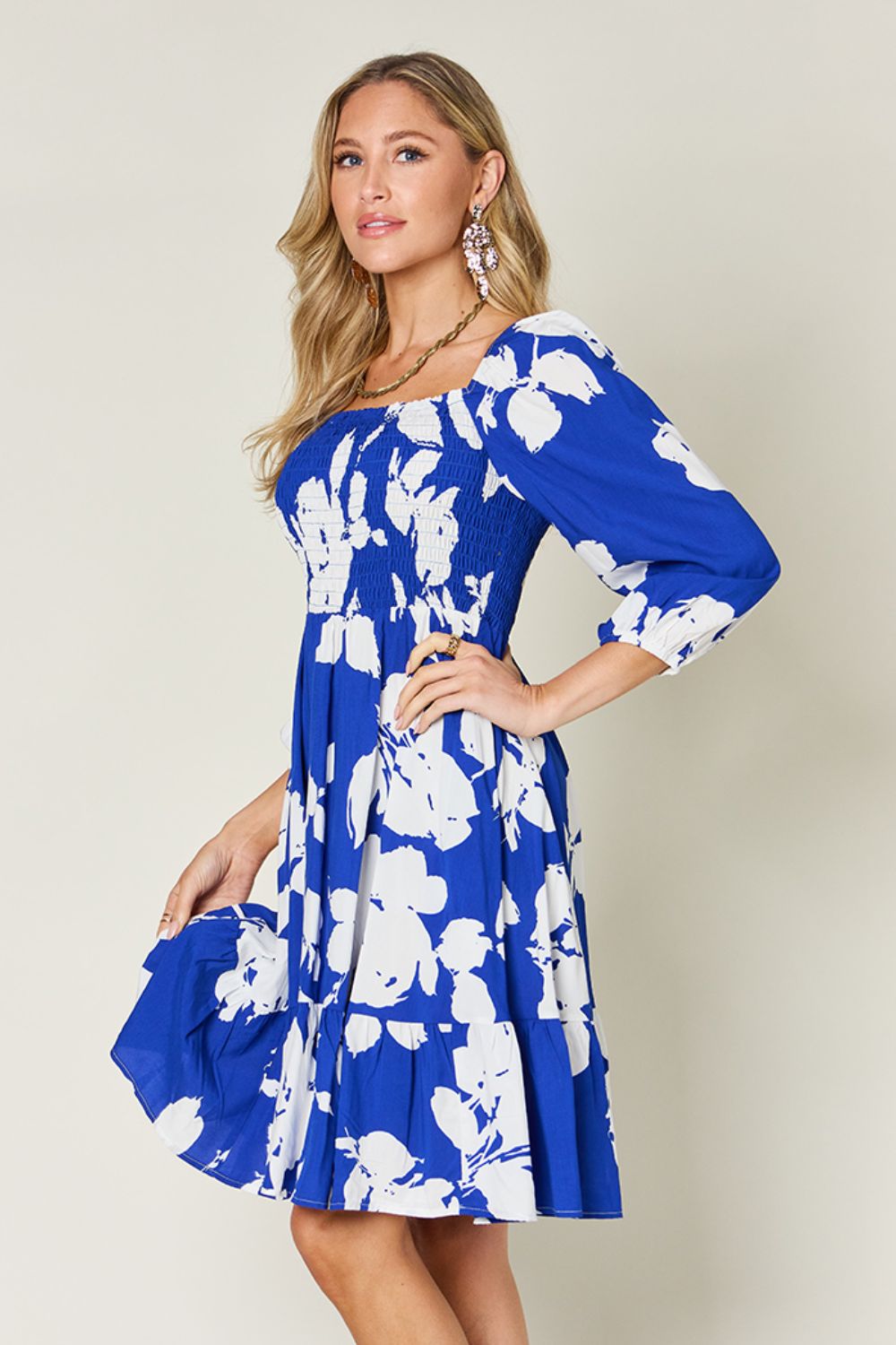 Double Take Full Size Floral Ruffle Hem Smocked Dress with Pockets - Loulou Boutique