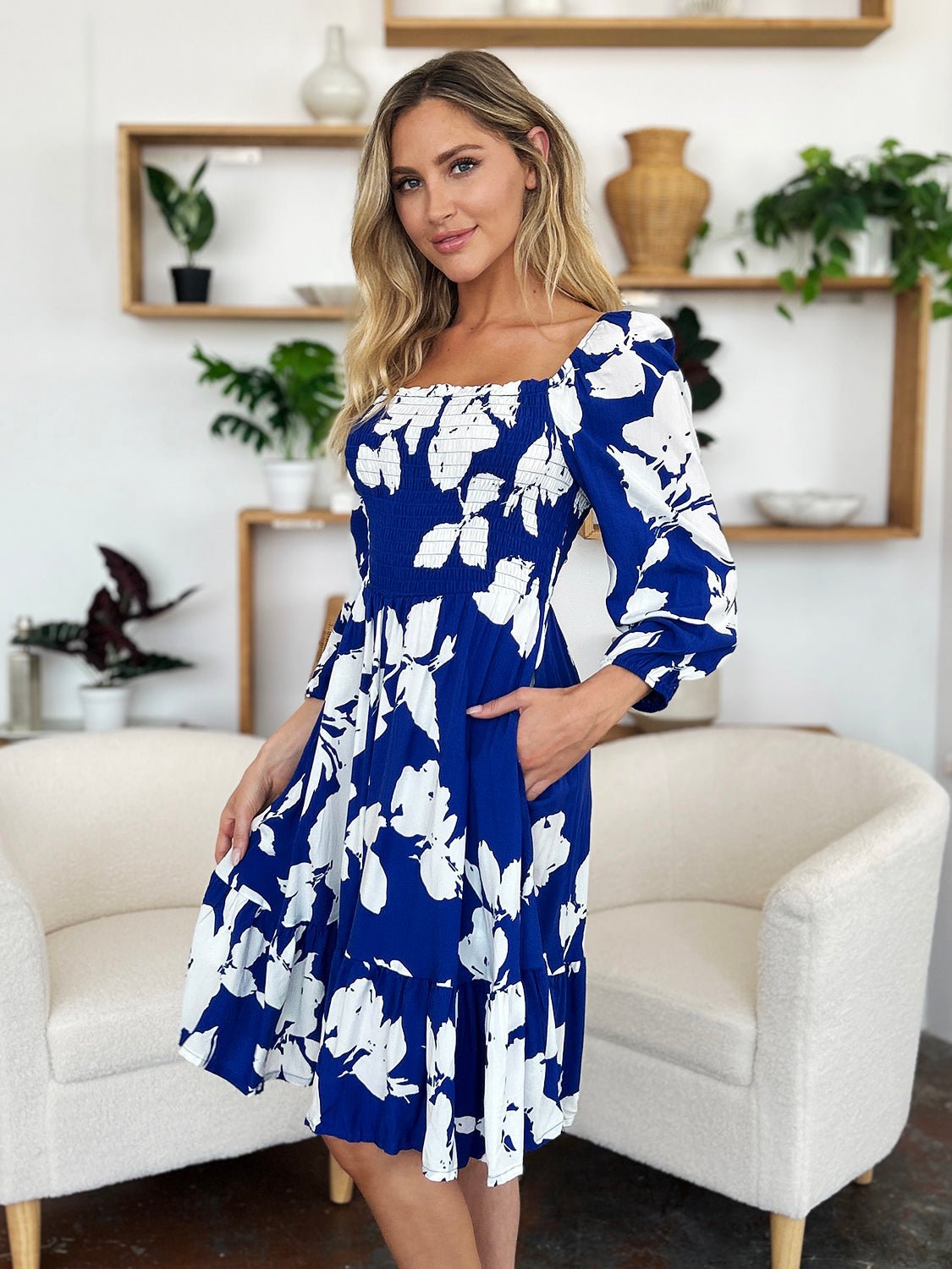 Double Take Full Size Floral Ruffle Hem Smocked Dress with Pockets - Loulou Boutique