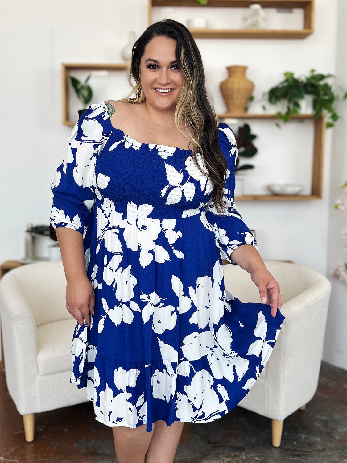 Double Take Full Size Floral Ruffle Hem Smocked Dress with Pockets - Loulou Boutique