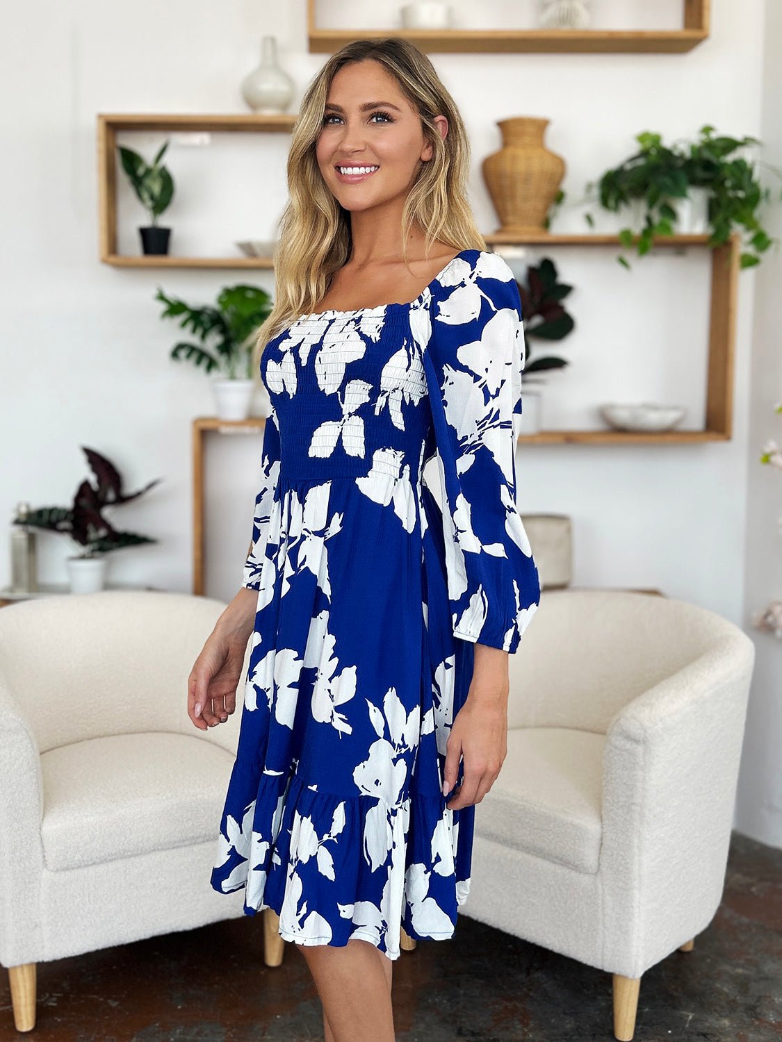 Double Take Full Size Floral Ruffle Hem Smocked Dress with Pockets - Loulou Boutique