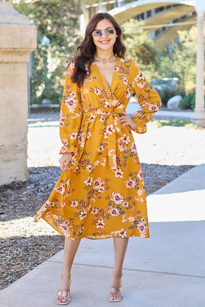 Double Take Full Size Floral Tie Back Flounce Sleeve Dress - Loulou Boutique