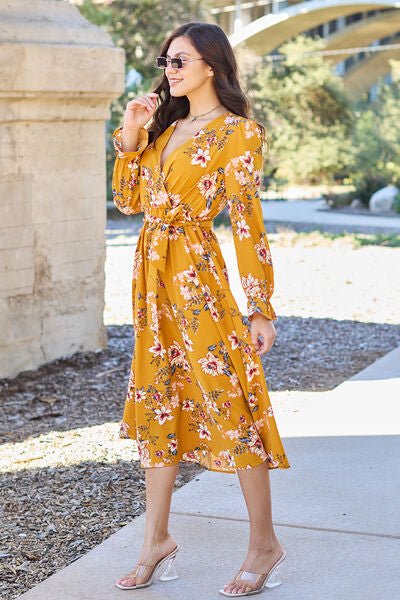 Double Take Full Size Floral Tie Back Flounce Sleeve Dress - Loulou Boutique