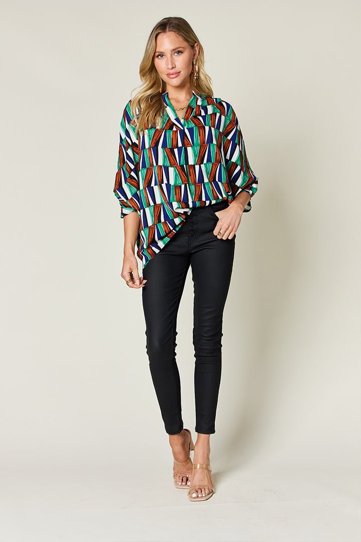 Double Take Full Size Geometric Notched Raglan Sleeve Blouse - Loulou Boutique