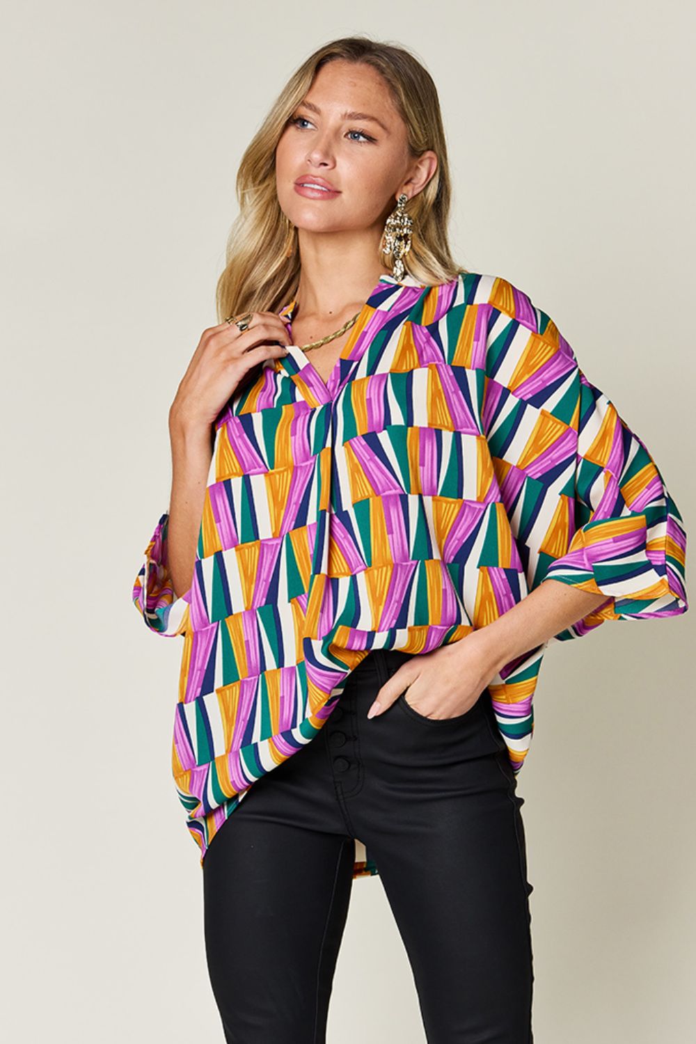 Double Take Full Size Geometric Notched Raglan Sleeve Blouse - Loulou Boutique