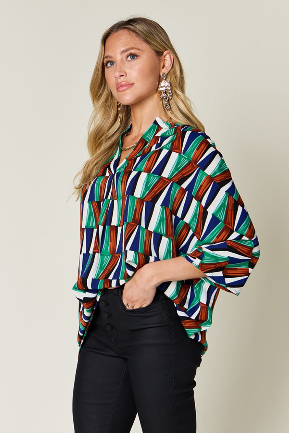 Double Take Full Size Geometric Notched Raglan Sleeve Blouse - Loulou Boutique