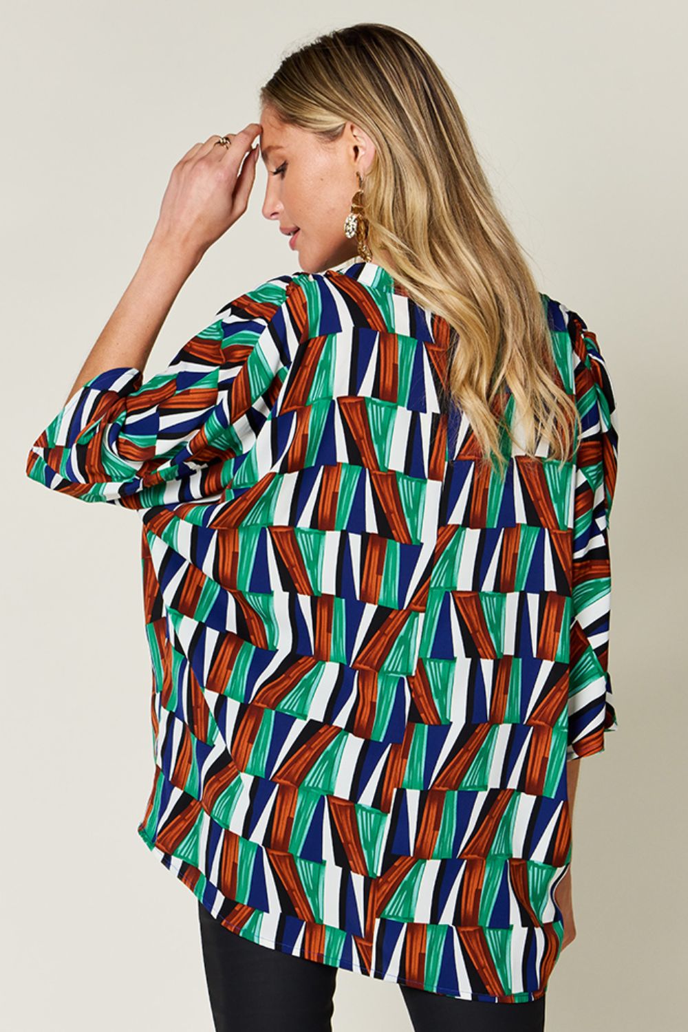 Double Take Full Size Geometric Notched Raglan Sleeve Blouse - Loulou Boutique