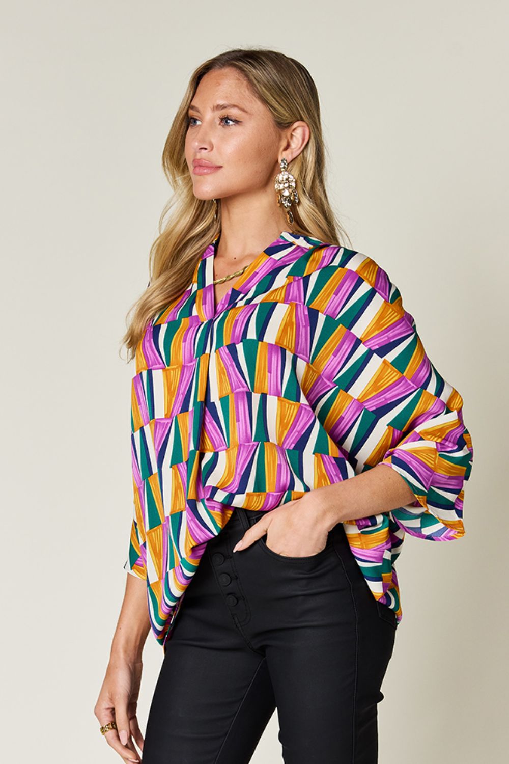 Double Take Full Size Geometric Notched Raglan Sleeve Blouse - Loulou Boutique