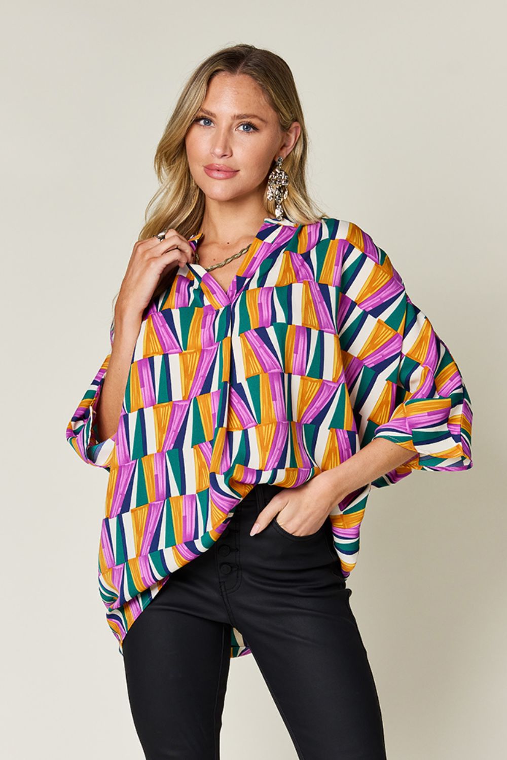 Double Take Full Size Geometric Notched Raglan Sleeve Blouse - Loulou Boutique