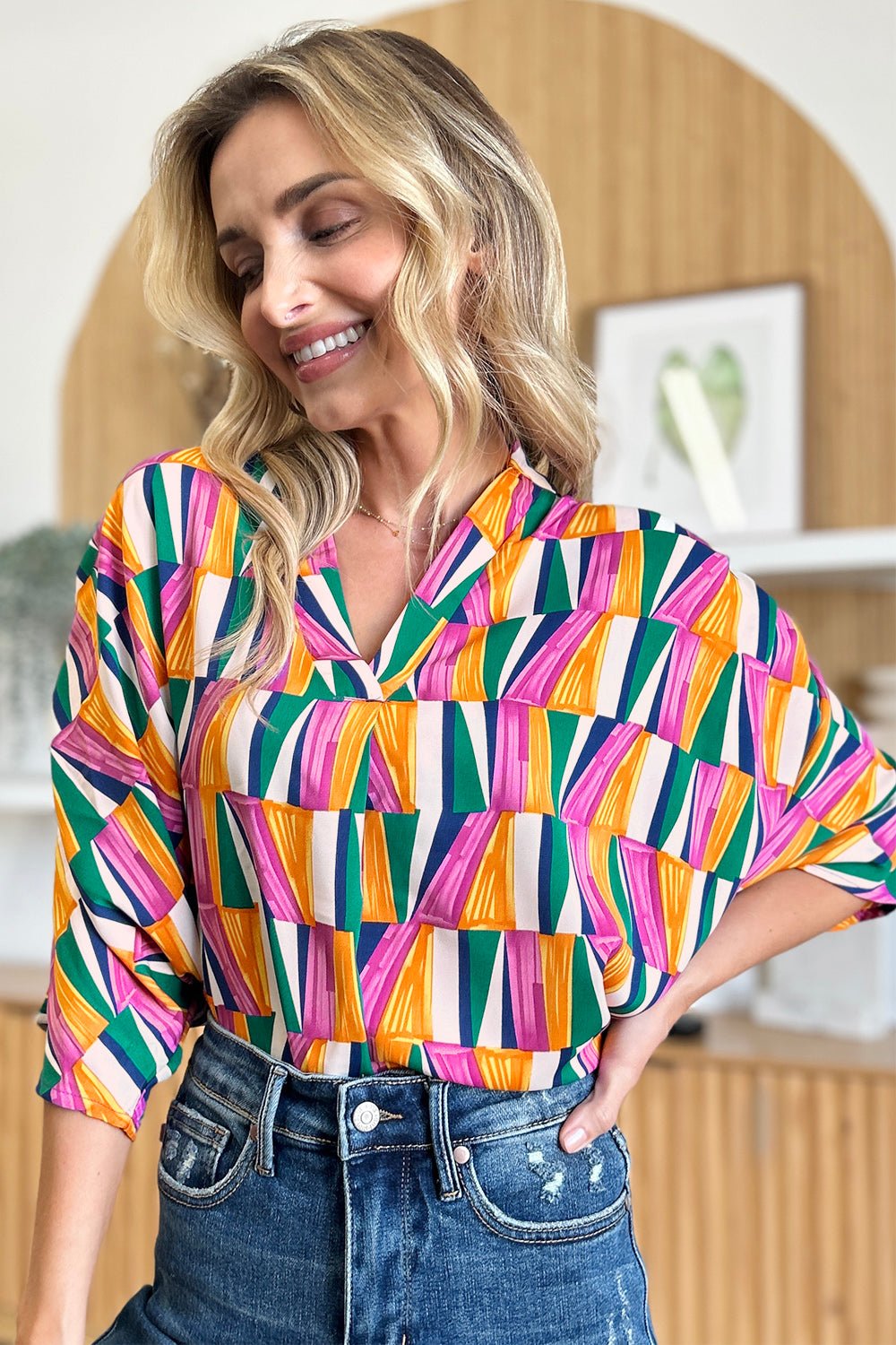 Double Take Full Size Geometric Notched Raglan Sleeve Blouse - Loulou Boutique