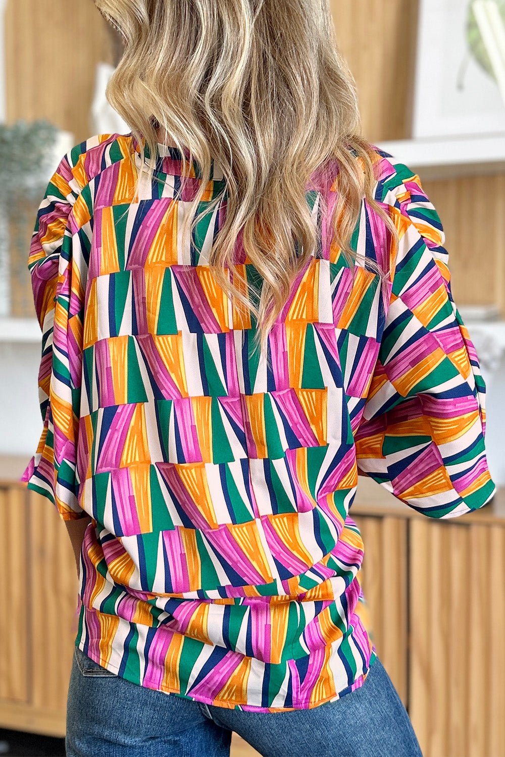 Double Take Full Size Geometric Notched Raglan Sleeve Blouse - Loulou Boutique