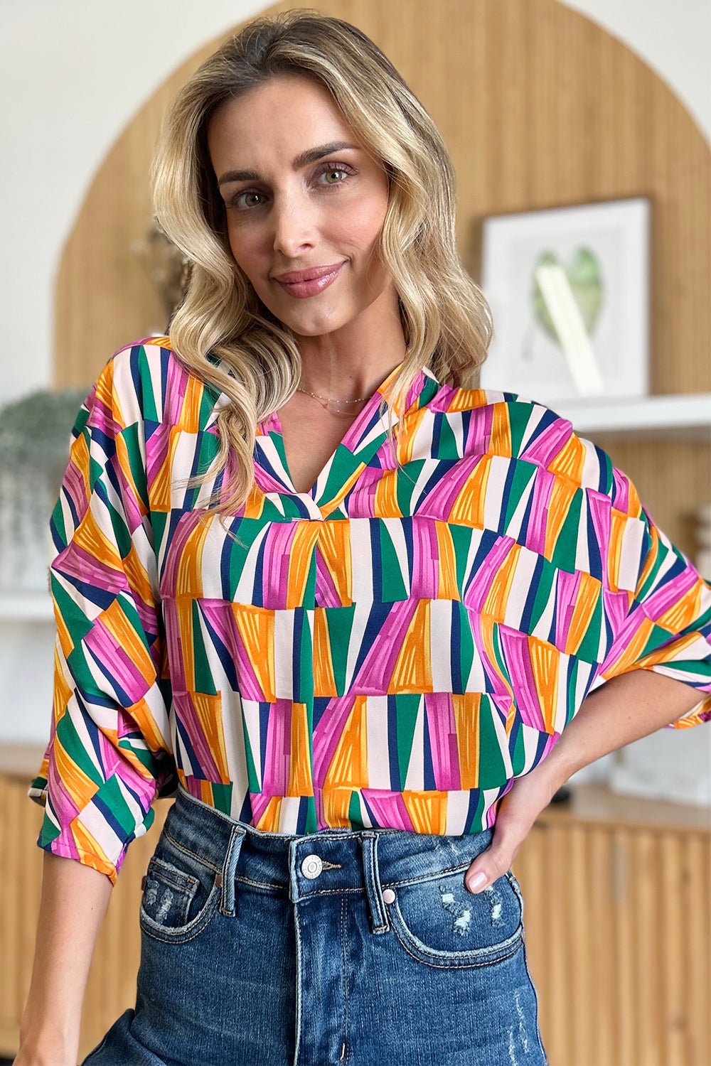 Double Take Full Size Geometric Notched Raglan Sleeve Blouse - Loulou Boutique