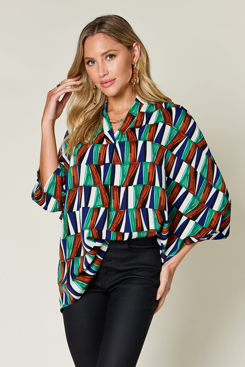 Double Take Full Size Geometric Notched Raglan Sleeve Blouse - Loulou Boutique