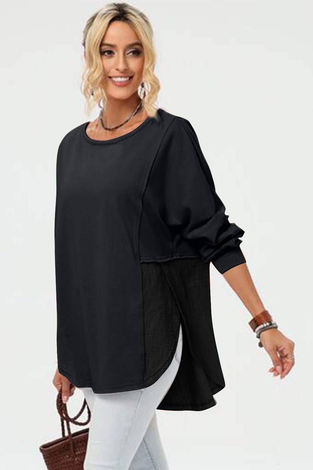 Double Take Full Size Long Sleeve High - Low T-Shirt - Loulou Boutique