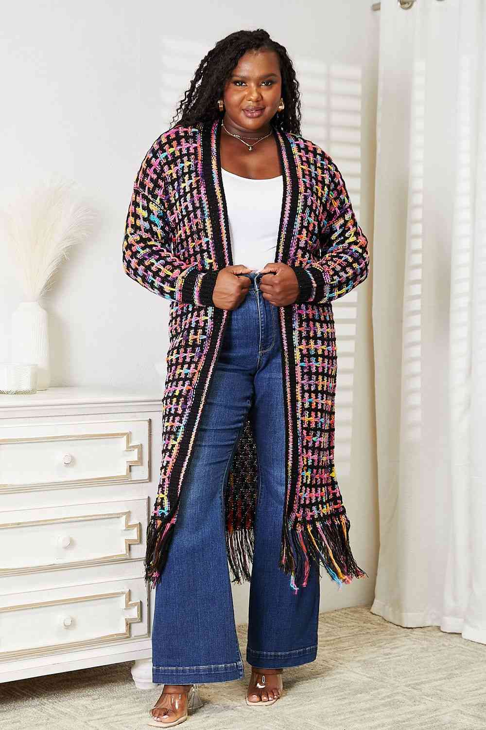 Double Take Full Size Multicolored Open Front Fringe Hem Cardigan - Loulou Boutique
