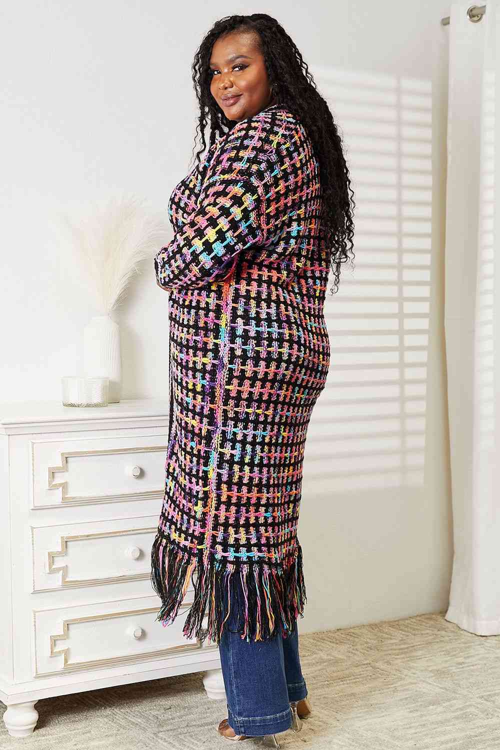 Double Take Full Size Multicolored Open Front Fringe Hem Cardigan - Loulou Boutique