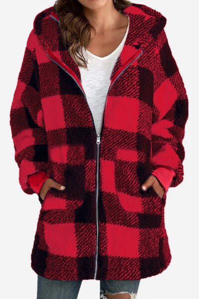 Double Take Full Size Plaid Long Sleeve Hooded Coat - Loulou Boutique