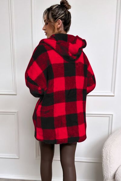 Double Take Full Size Plaid Long Sleeve Hooded Coat - Loulou Boutique