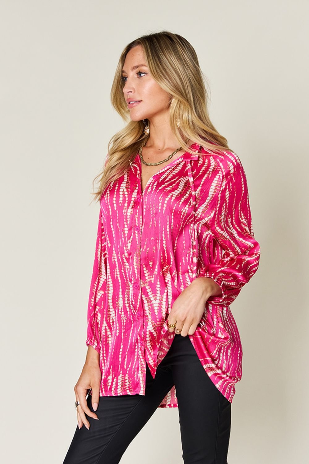 Double Take Full Size Printed Button Up Long Sleeve Shirt - Loulou Boutique