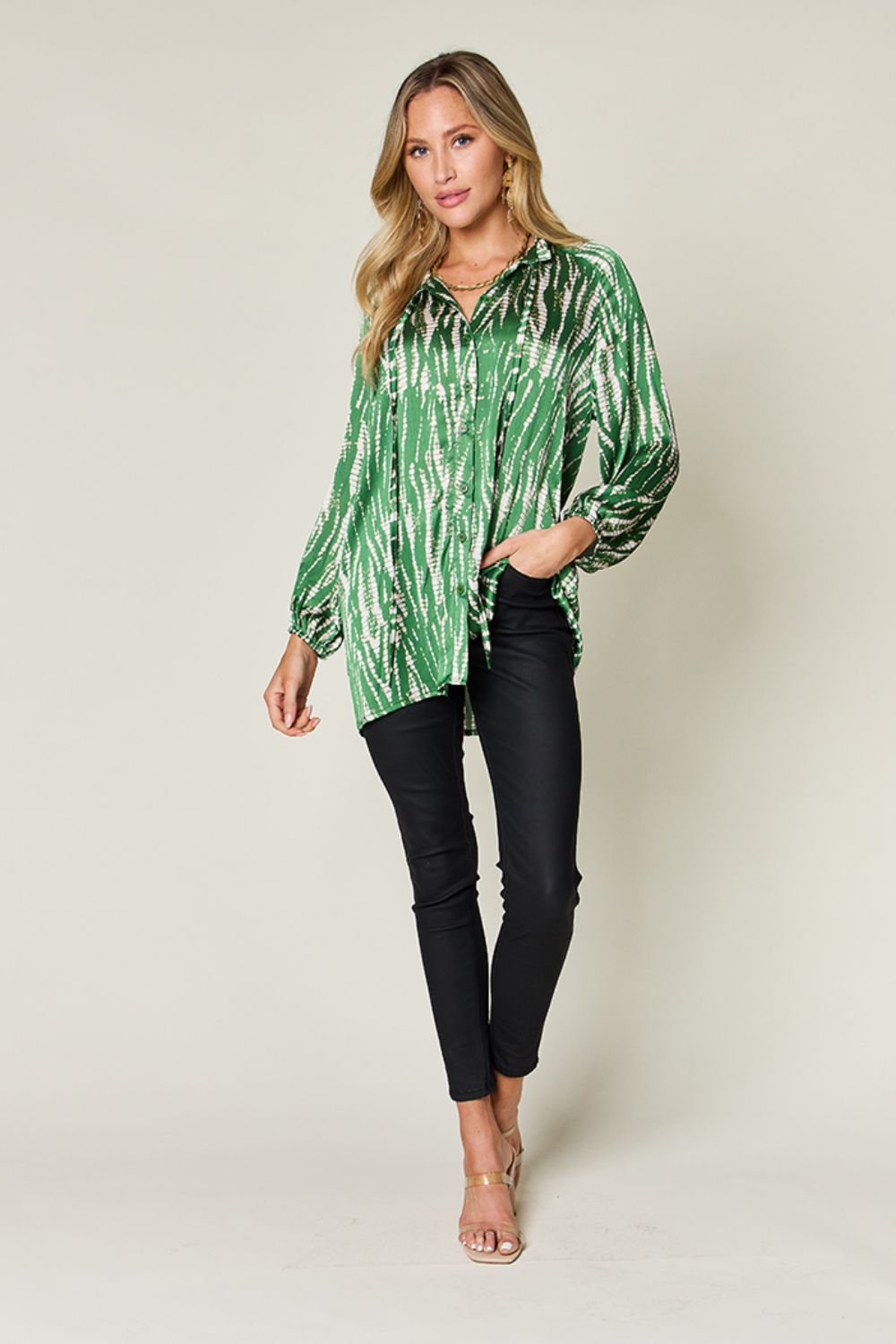 Double Take Full Size Printed Button Up Long Sleeve Shirt - Loulou Boutique