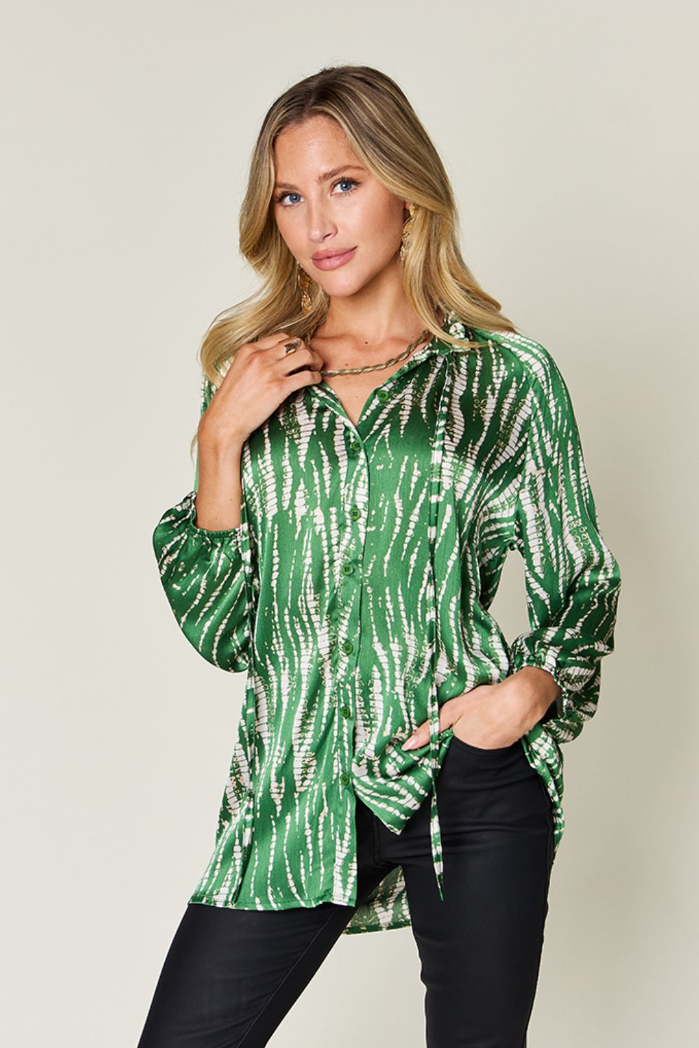 Double Take Full Size Printed Button Up Long Sleeve Shirt - Loulou Boutique