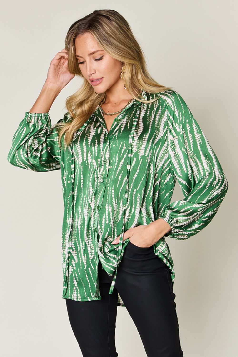 Double Take Full Size Printed Button Up Long Sleeve Shirt - Loulou Boutique