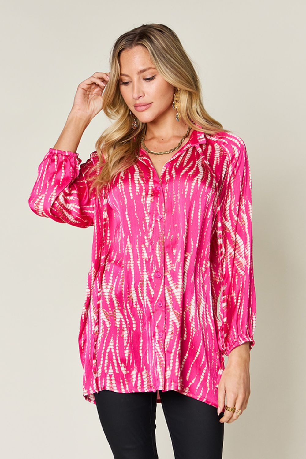 Double Take Full Size Printed Button Up Long Sleeve Shirt - Loulou Boutique