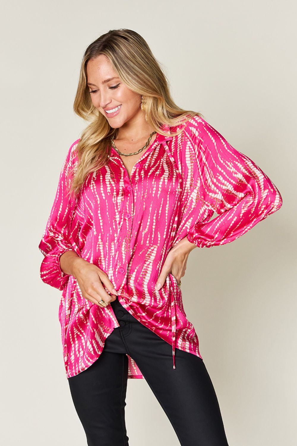 Double Take Full Size Printed Button Up Long Sleeve Shirt - Loulou Boutique