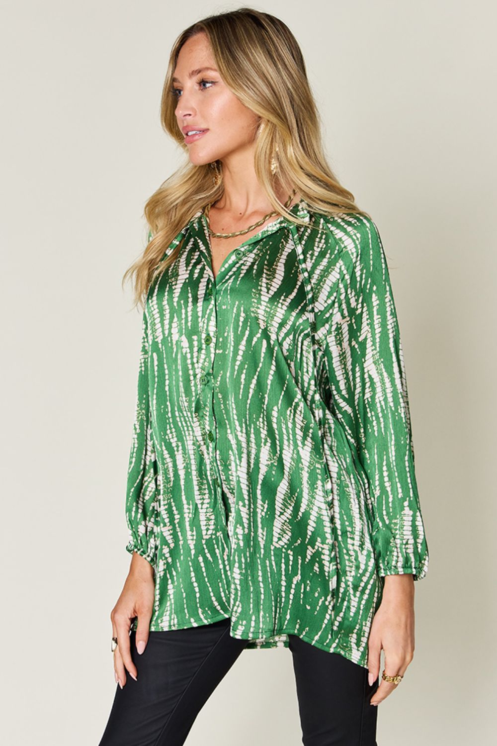 Double Take Full Size Printed Button Up Long Sleeve Shirt - Loulou Boutique