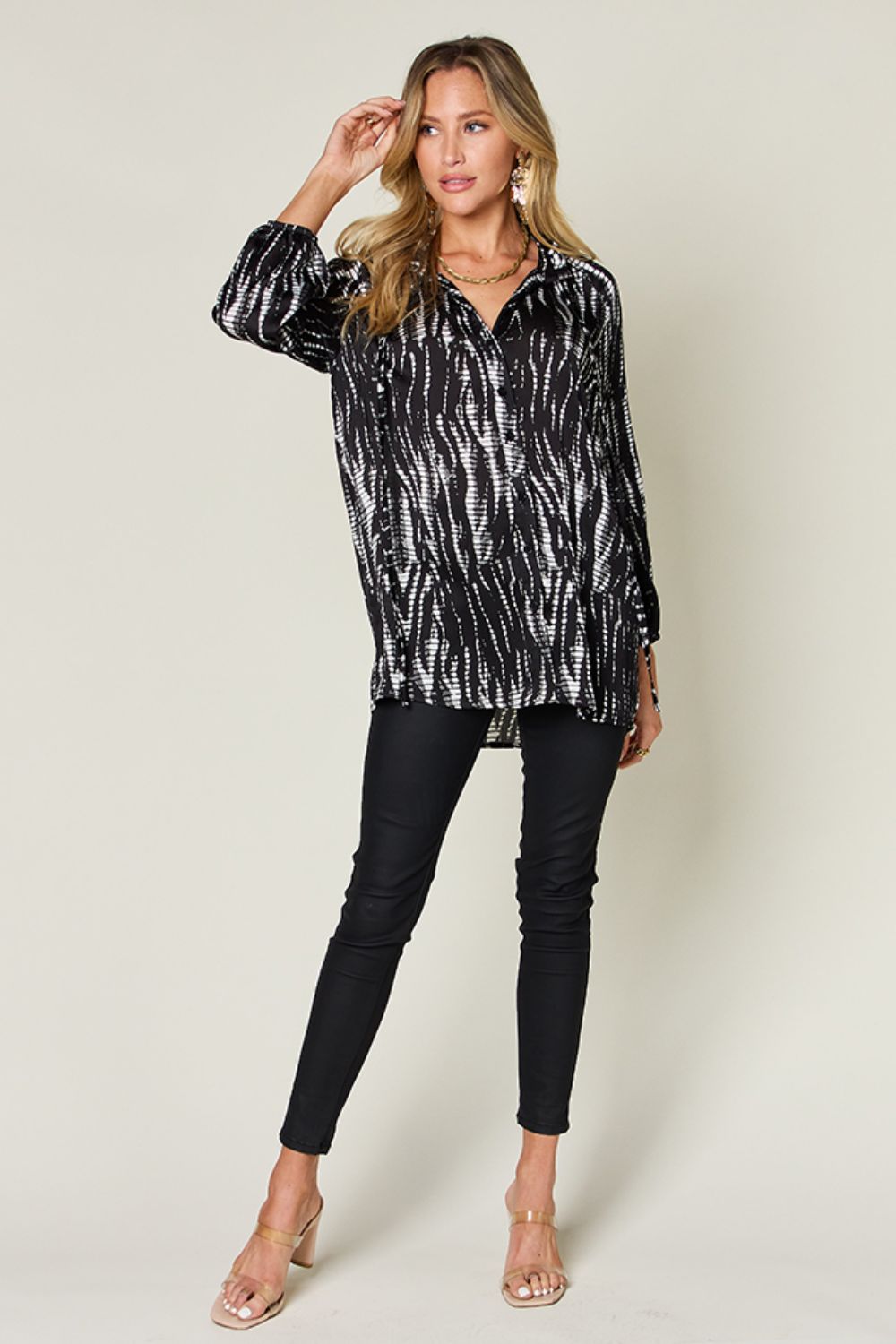 Double Take Full Size Printed Button Up Long Sleeve Shirt - Loulou Boutique