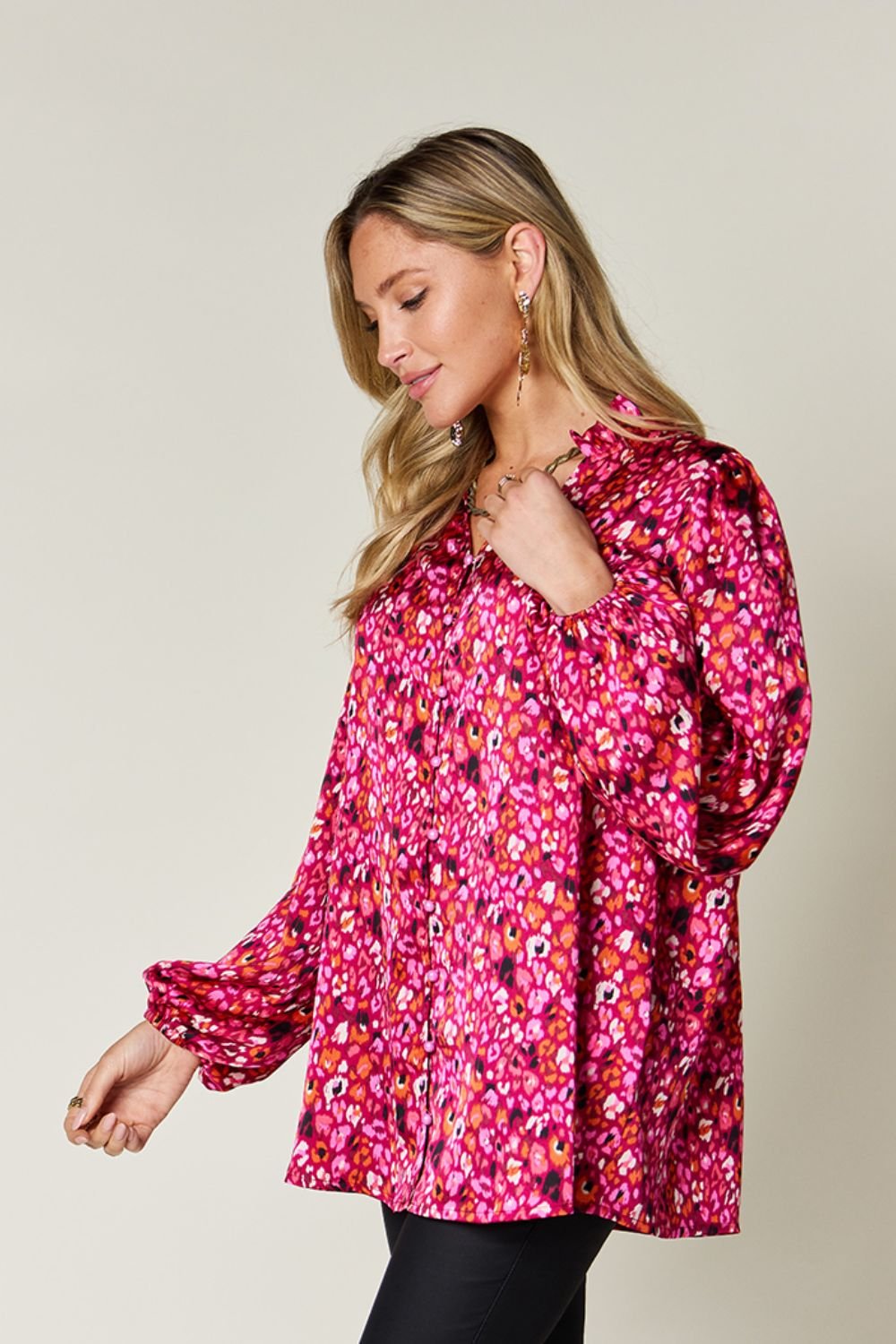 Double Take Full Size Printed Long Sleeve Blouse - Loulou Boutique