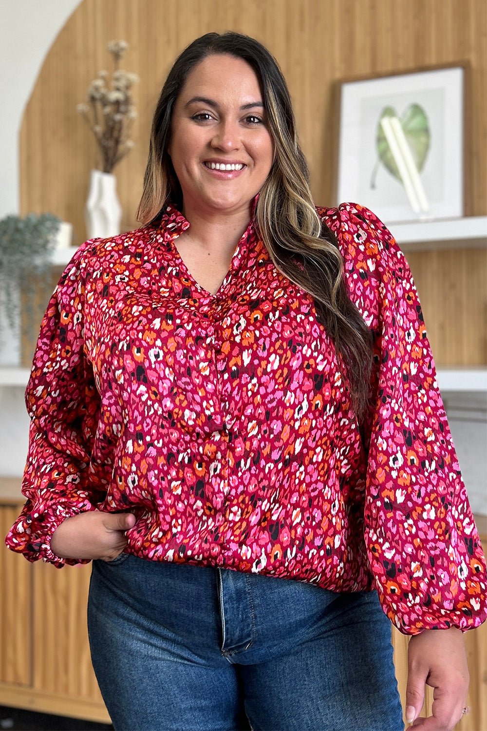 Double Take Full Size Printed Long Sleeve Blouse - Loulou Boutique