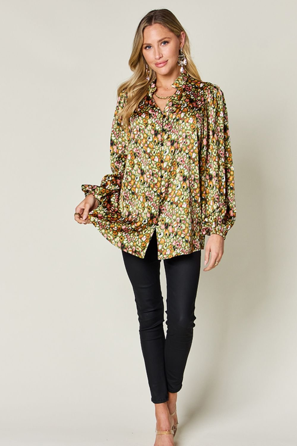 Double Take Full Size Printed Long Sleeve Blouse - Loulou Boutique