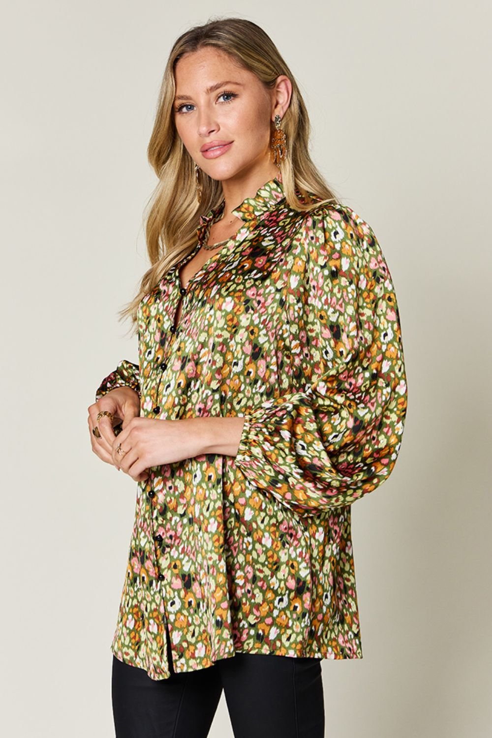 Double Take Full Size Printed Long Sleeve Blouse - Loulou Boutique